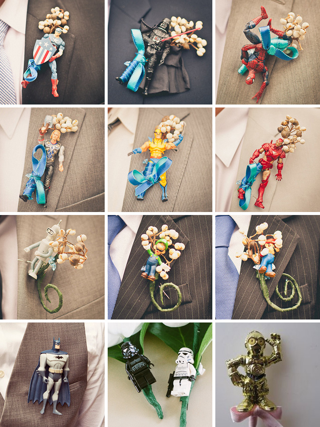 Необычные бутоньерки, отражающие увлечение жениха комиксами, мультиками, фильмами