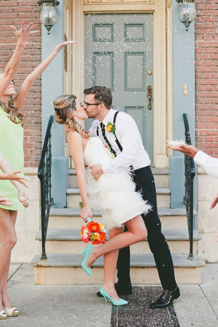 Осенний образ невесты, укороченное свадебное платье