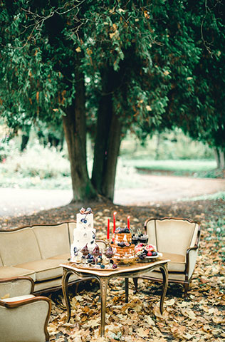 Осенняя фотосессия лав стори в стиле fine art, сладкий стол в саду