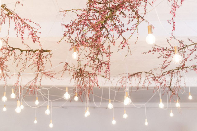 освещение на свадьбе в стиле минимализм, цветы и лампочки 