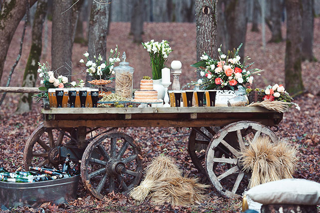 Пивная свадьба: свадебная фотосессия, стол закусок на телеге