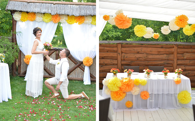 помпоны в декоре свадьбы, место торжества