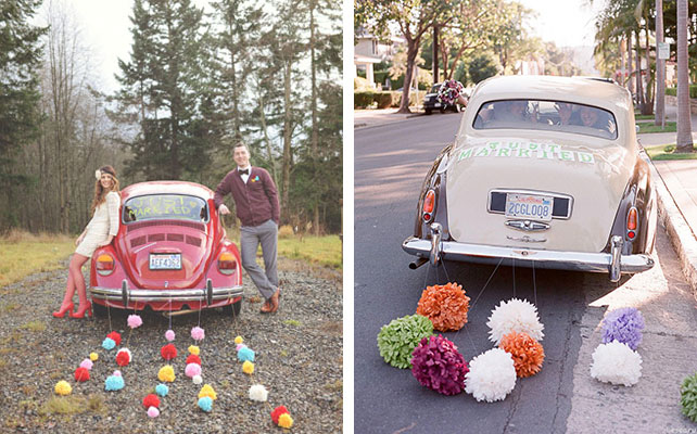 помпоны в декоре свадьбы, кортеж