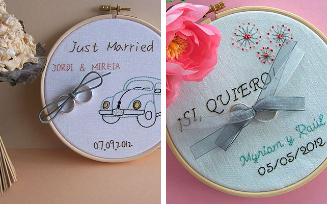 пяльцы в декоре свадьбы, подушечки для колец