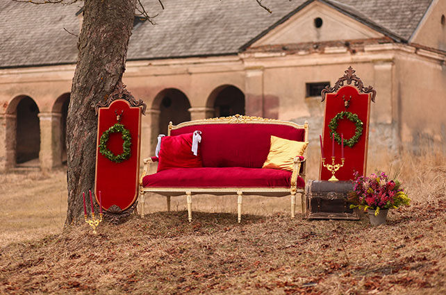 Свадебная фотосессия в сочных оттенках марсала, софа