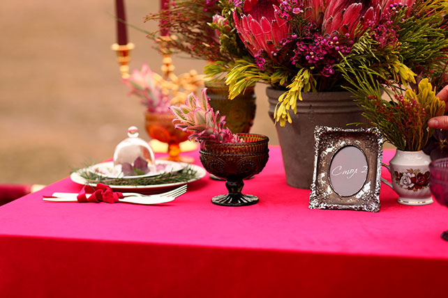 Свадебная фотосессия в сочных оттенках марсала, декор стола