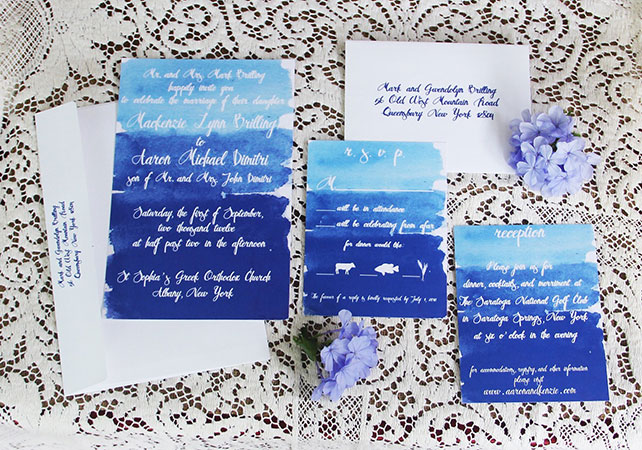 Свадебные тренды 2015 - акварельные приглашения в синих цветах