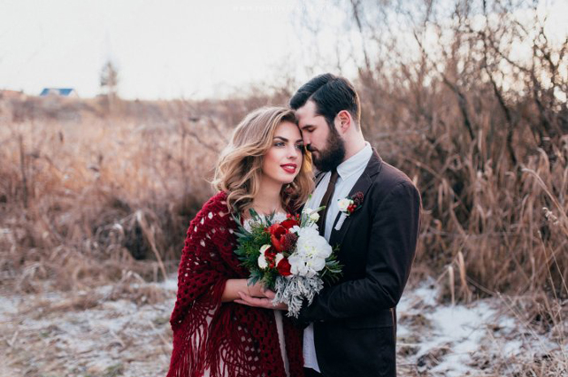 зимний образ невесты, невеста в вязаной шали 