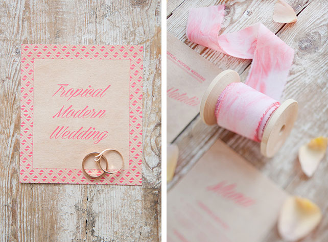 Tropical modern wedding, романтическая свадьба с яркими акцентами, декор стола, полиграфия, обручальные кольца