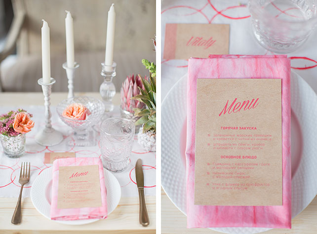 Tropical modern wedding, романтическая свадьба с яркими акцентами, декор стола, сервировка стола, меню