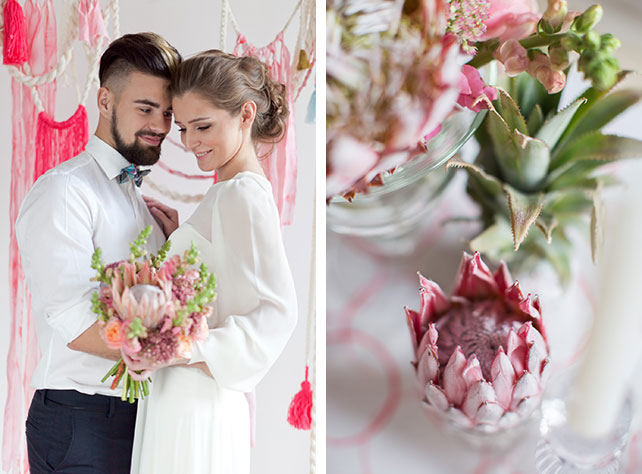 Tropical modern wedding, романтическая свадьба с яркими акцентами, фотосессия жениха и невесты, тропические цветы на свадьбе