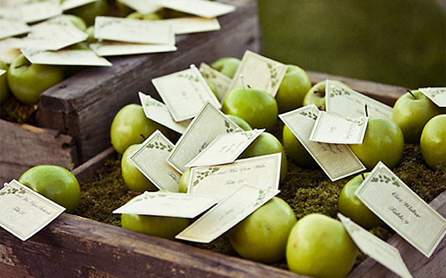 яблоки в декоре свадьбы, рассадочные карточки