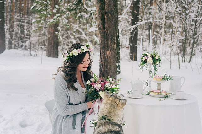 Зимняя прогулка невесты в лесу, невеста с собакой за столом