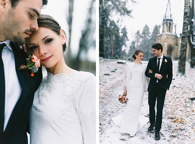 Зимняя свадьба: тёплое и уютное оформление, фотосессия жениха и невесты