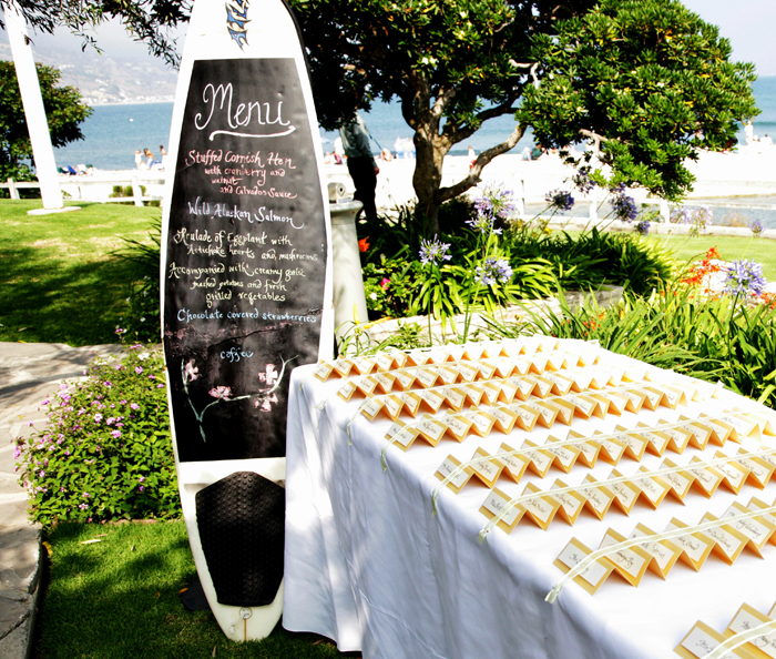 Свадьба в пляжном стиле: рассадочные карточки возле грифельной доски с меню