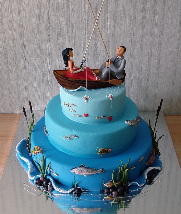 Свадебный "торт-картина" с молодоженами на рыбалке
