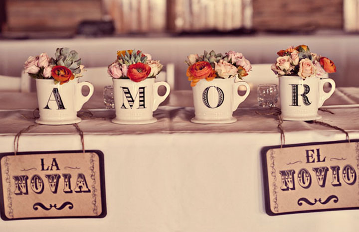 Свадебный декор: чашки с цветами