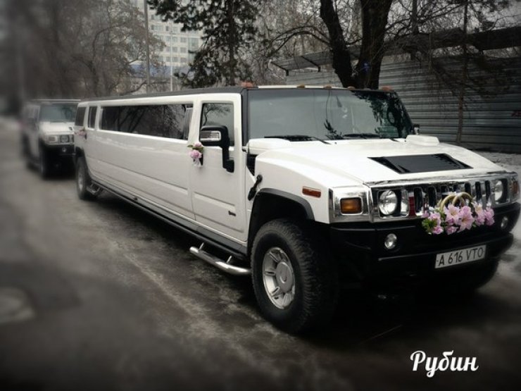 Hummer Н2
Количество мест – 15.
Год выпуска – 2010.
Цвет авто - белый. 
Цена 150$ в час

В салоне:
4 плазменных TV, видео, аудио стерео система, эффект дискотеки, два минибара, кондиционер, зеркальный потолок, звездное небо.