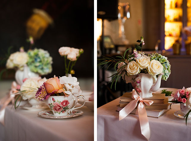 Свадьба в английском стиле, декор стола живыми цветами в чашках