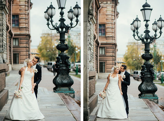 Свадьба в английском стиле, фотосессия жениха и невесты около фонаря