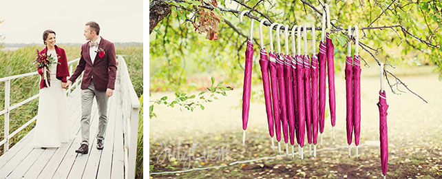 Антон и Татьяна, богемная свадьба, зонтики, бордового цвета