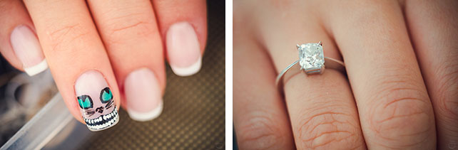 Алиса в Стране Чудес, тематическая свадьба Ани и Андрея, маникюр невесты, помолвочное кольцо