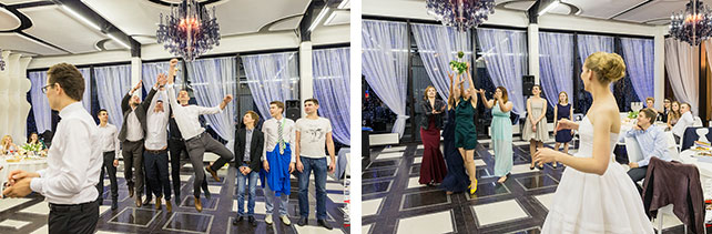 жених бросает подвязку, невеста бросает букет