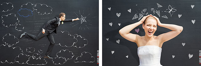 жених и невеста на фоне грифельной доски