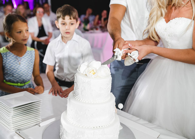 белая свадьба в шатре, жених и невеста режут торт, белый свадебный торт