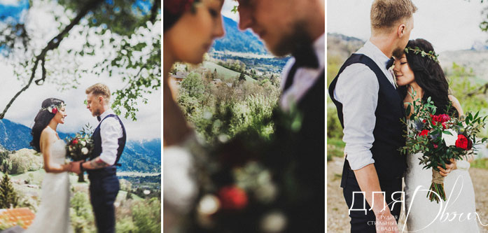 свадьба в стиле бохо во французских Альпах, жених и невеста