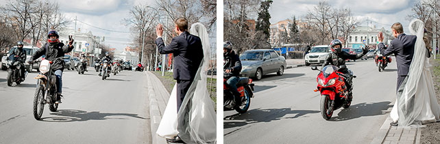 Очарование ранней весны, черничная свадьба Натальи и Сергея, жених и невеста машут проезжающим мимо байкерам