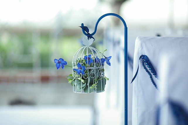 Элегантная черничная свадьба, декор места торжества ажурными клетками с цветами