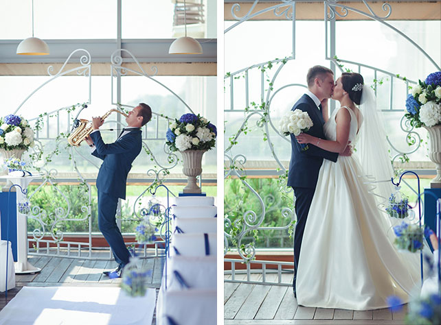 Элегантная черничная свадьба, церемония бракосочетания, саксофонист