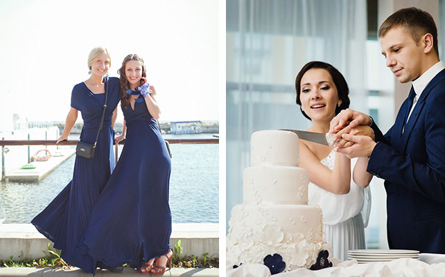 Элегантная черничная свадьба, подружки невесты, молодожены разрезают торт