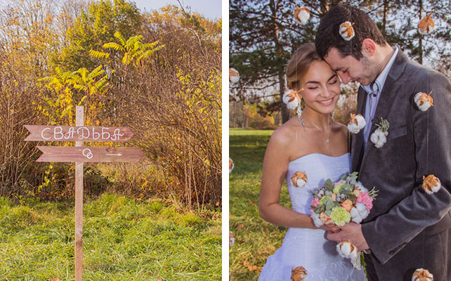 жених и невеста около свадебной арки, украшенной хлопком