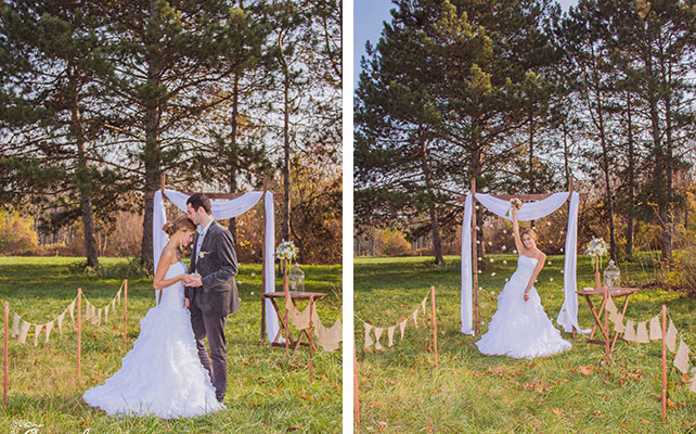 свадебная арка, украшенная белой тканью и хлопком