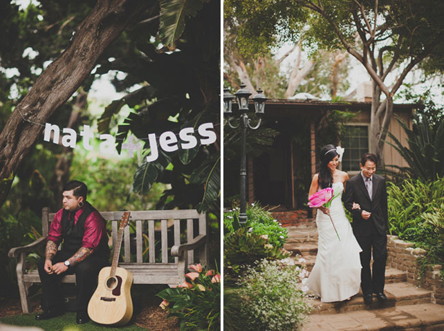 друг жениха с гитарой, невеста с отцом