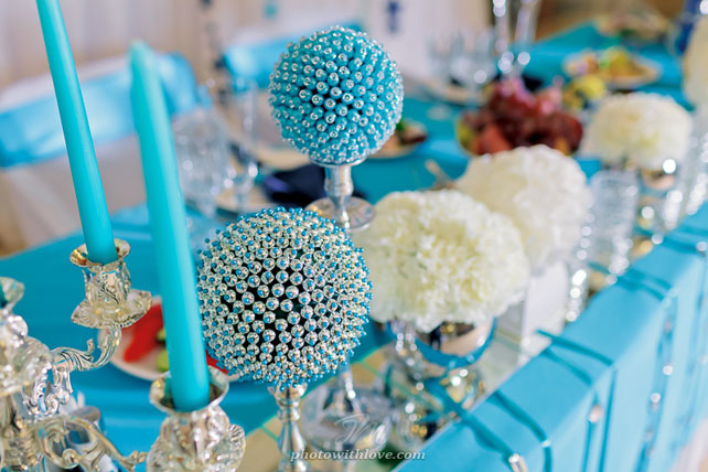 гламурная бирюзовая свадьба, декор места торжества