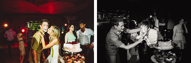 Веселая зеленая свадьба Вани и Жени, жених и гости в креме от свадебного торта