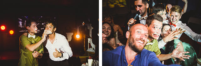 Веселая зеленая свадьба Вани и Жени, жених и гости в креме от свадебного торта, селфи со свадебным фотографом