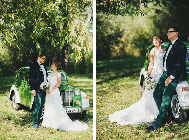 Ирландская свадьбы Инны и Анатолия, фотосессия жениха и невесты около ретро-автомобиля