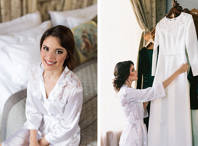 С любовью к семейным традициям, изумрудная свадьба Анны и Антона, макияж невесты, невеста надевает платье