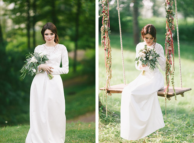 С любовью к семейным традициям, изумрудная свадьба Анны и Антона, невеста с букетом, невеста на качелях