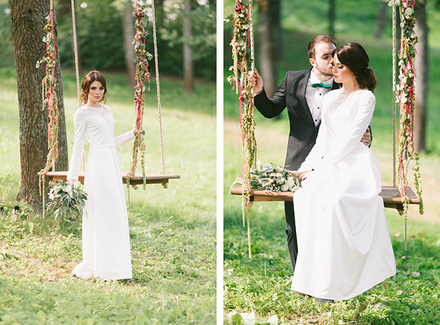 С любовью к семейным традициям, изумрудная свадьба Анны и Антона, жених и невеста на качелях