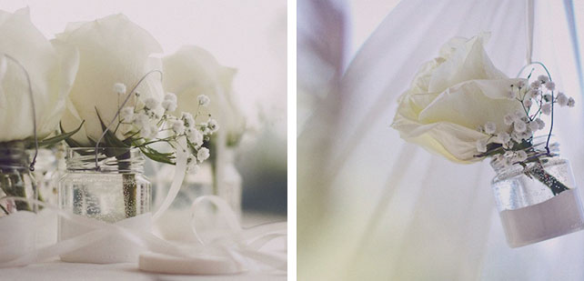 Кружевная свадьба Лели и Димы, белые розы в баночках
