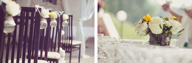 Кружевная свадьба Лели и Димы, декор стульев баночками с цветами и декор стола