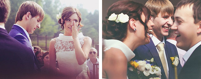 Кружевная свадьба Лели и Димы, невеста плачет во время церемонии, жених и невеста с друзьями