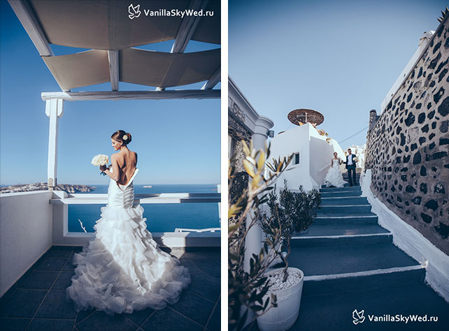 жених и невеста спускаются по лестнице