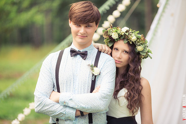 лесная свадьба в стиле бохо, жених и невеста