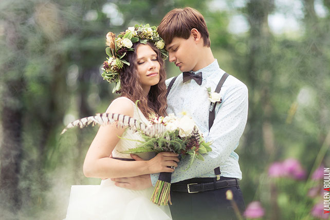 лесная свадьба в стиле бохо, жених и невеста